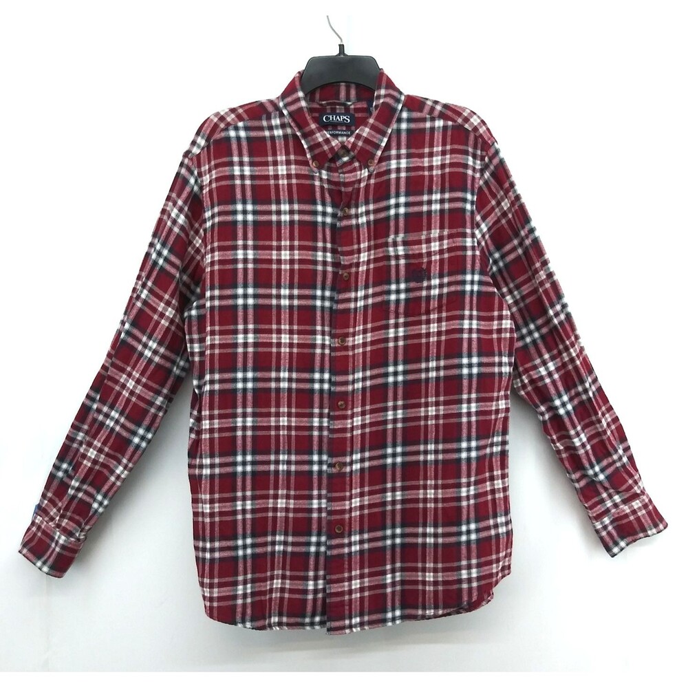 Chaps Shirt Men Size L Dark Red Plaid Flannel Long Sleeve Button Up Outdoor